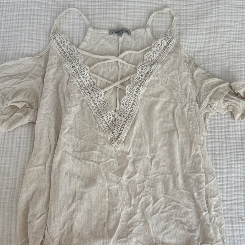 Chicwish Beige Lace Cold Shoulder Blouse